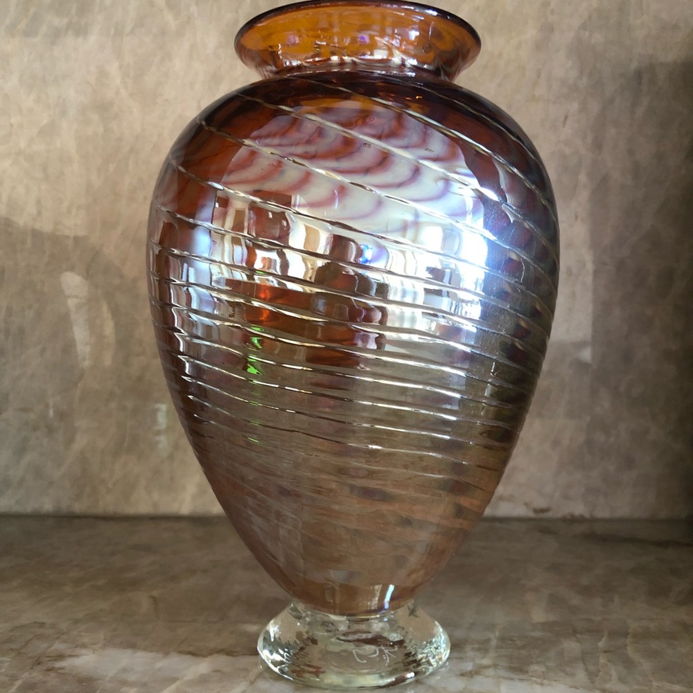 One Of A Kind Signed CJK Hand Blown Decorative Glass Vase In Amber & Gold Swirl